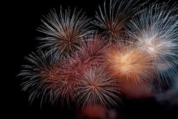 Fototapeta premium Colorful fireworks display in night sky with bright bursts and vibrant patterns