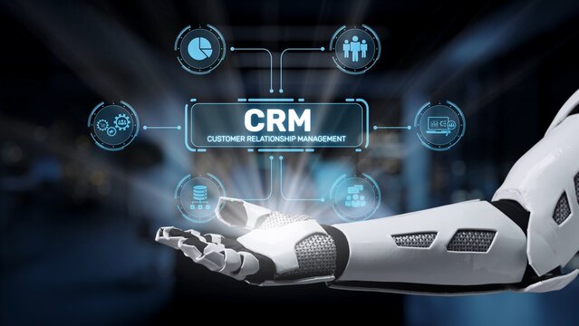 A futuristic robotic arm demonstrates customer relationship management features with innovative technology elements and digital graphics in a modern business environment. Synapse - Powered by Adobe