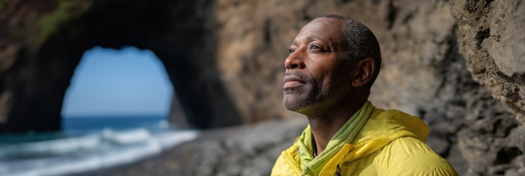 Mature african male enjoying coastal scenery in yellow jacket near rocky arch
