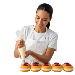 Smiling woman, brown skin, fills raspberry sufganiyot in apron. Close-up on hands, pastries. Brightly lit, isolated on transparent background. Perfect for Hanukkah, baking, dessert menus,