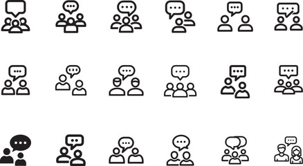 Set of black and white communication icons representing discussions and meetings