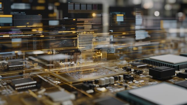 Close-up of multi-layered CPU architecture with augmented reality overlays visualizing data flow and instruction pipelines, highlighting chip-level innovation, microprocessor design analysis, and