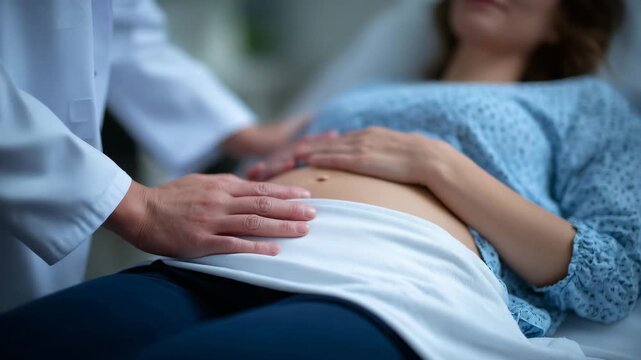 Woman lying on exam table covered with white sheet, doctor gently performing abdominal exam, wellness and health-focused concept in calm setting