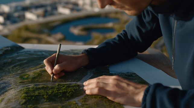 A landscape planner creating green zones, water features, and pathways on a residential site map, symbolizing ecological awareness and lifestyle design. cinematic color correction, natural uneven