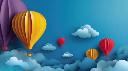 Obraz premium Paper balloons float in the sky among layered clouds. Bright colors, gradients, and a sense of lightness create an atmosphere of dreaminess and travel.