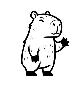 An adorable black and white vector illustration of a friendly cartoon capybara standing on its hind legs and waving hello