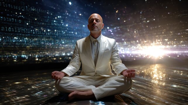 A bald man in a white suit meditates in a digital space. An abstract background of data and light creates an atmosphere of techno-spirituality.