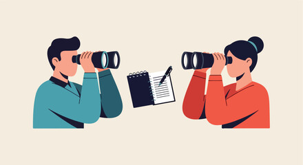 Two people using binoculars and a notebook