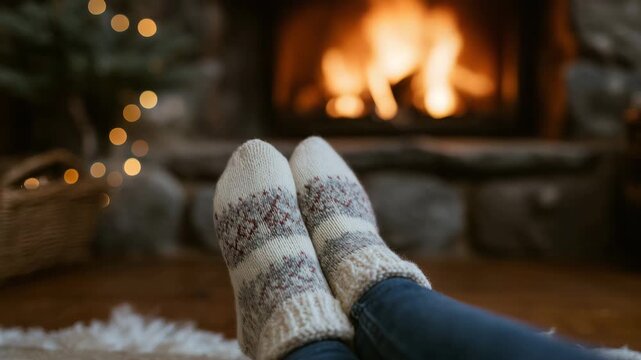Woman sitting by fireplace, legs in jeans and holiday wool socks stretched out toward warm flames, seasonal d&eacute;cor subtly visible in background