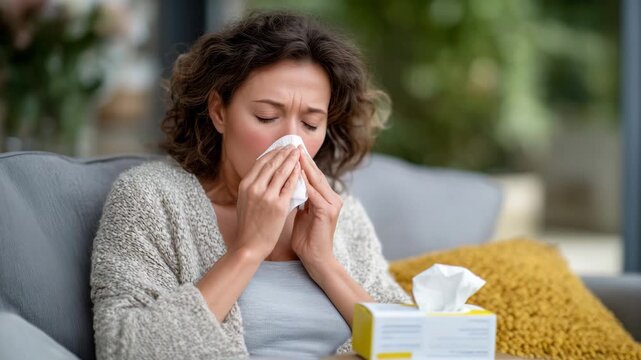 Woman with flushed cheeks and tired eyes lying on sofa, blowing her nose, box of tissues and medication nearby, sunlight filtering through window creating comforting atmosphere