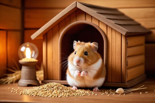 Hamster in seiner gem&uuml;tlichen Holzunterkunft, umgeben von S&auml;gemehl