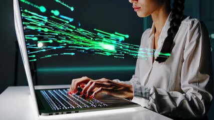 laptop typing on keyboard with streaming data and code overlays. cybersecurity network graphics flow across interface. technology workstation displays encryption patterns. lines map secure transfer. - Powered by Adobe