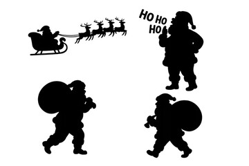 Santa claus silhouette set for christmas holiday with sleigh, reindeer, and gifts, transparent background