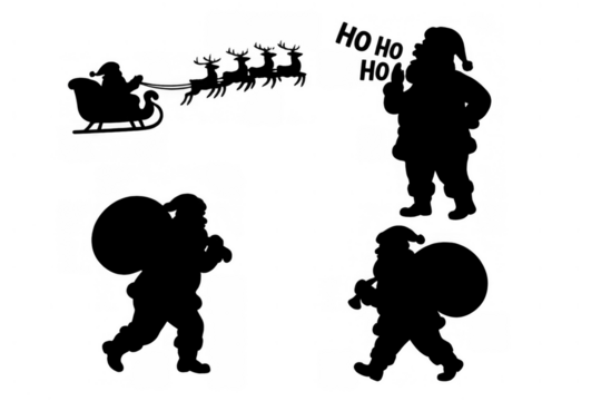 Santa claus silhouette set for christmas holiday with sleigh, reindeer, and gifts, transparent background