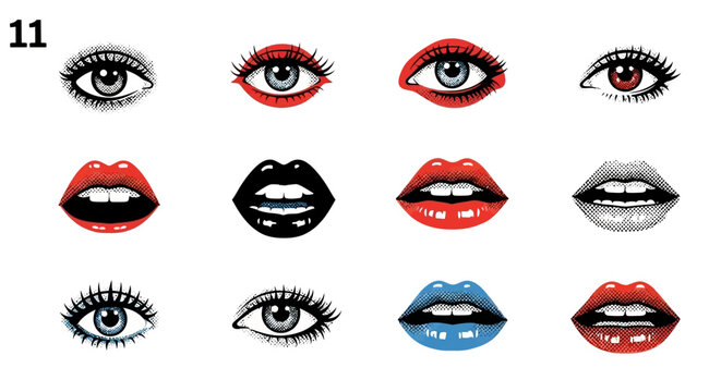 Expressive graphics featuring illustrated eyes and lips with varied colours and styles