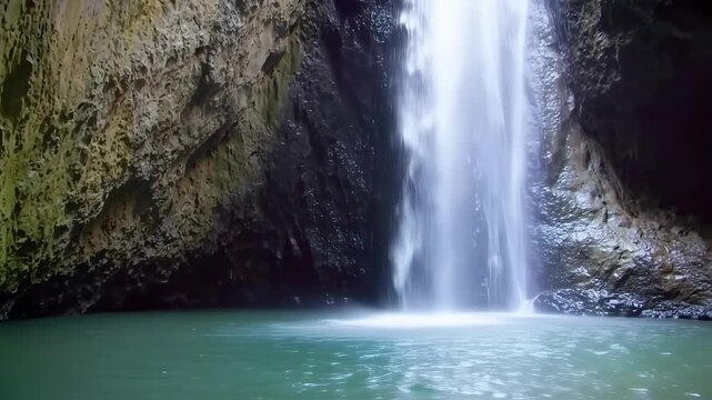 A waterfall cascades into a tranquil turquoise pool within a cavern of textured rock walls