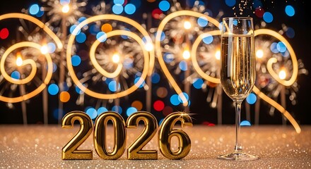 Concise Phrase: Luxurious gold 2026 New Year's celebration with champagne, dynamic long exposure light trails, and festive fireworks bokeh.