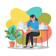 Overwhelmed employee stressed by huge piles of office paperwork and impending deadlines