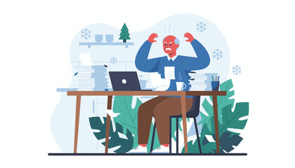Burnout and stress Angry worker overwhelmed by a mountain of paperwork during the holidays