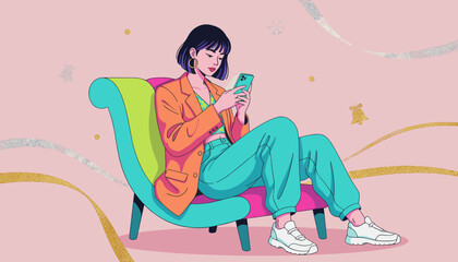 A fashionable woman checks her smartphone on a colorful chair amidst holiday decorations