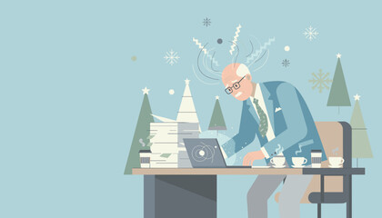 Stressed senior businessman working overtime during the holidays with large piles of paper
