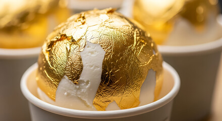White ice cream scoop with gold leaf in a white cup, sweet dessert