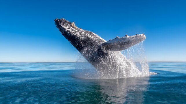 Powerful Leap. Humpback Whale leaping in Open Water.