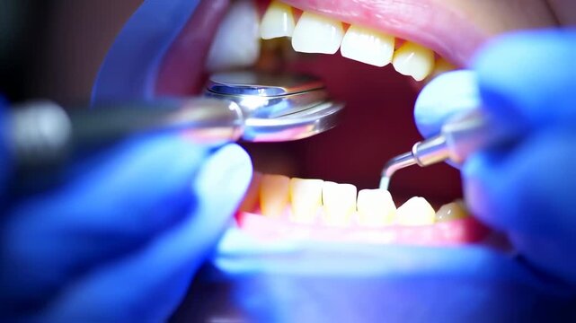 Dental examination featuring teeth, tools, and gloved hands; bright lighting. Close-up detail of the procedure