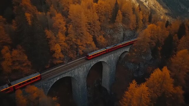 Train Journey Across Historic Bridge Amidst Autumnal Hues A Scenic Railroad Adventure