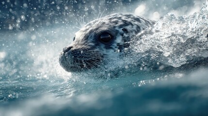 Obraz premium Adorable spotted seal swimming gracefully through crystal-clear ocean water with dramatic splashing and bubbles creating a magical aquatic scene