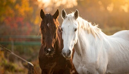 Close up of a brown and white horse, bathed in warm light, standing in a lush, natural environment