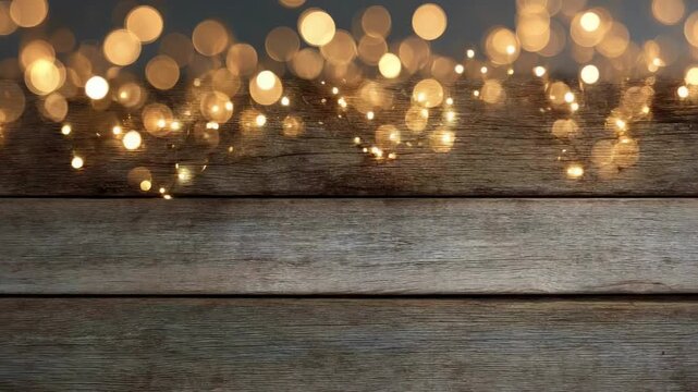 A rustic wooden surface with warm out-of-focus string lights creating a bokeh effect in the background