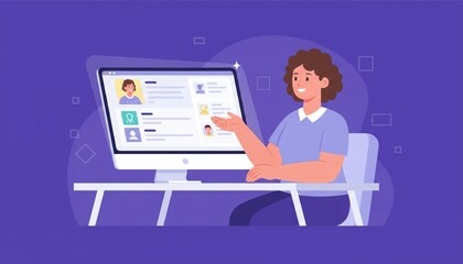 Woman working on computer with online profile on screen.