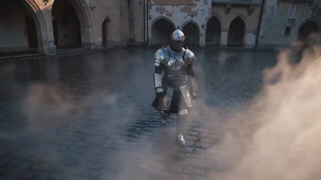 knight wearing armor moves through medieval courtyard. helmet and plate protect torso and limbs. walking through smoke over stone pavement. castle walls surround open square. plate bears scuff and