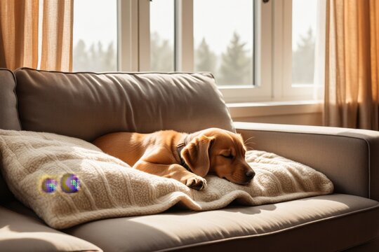 Ein entspannter Hund schl&auml;ft auf einem gem&uuml;tlichen Sofa im Sonnenlicht