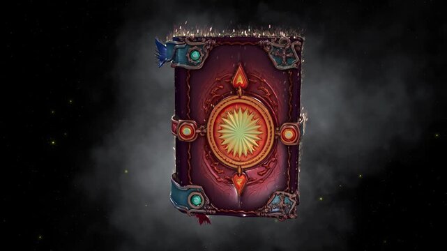3D cartoon-style fantasy magic spell book 5 with details, spinning, scaling up and rotating slowly on black background with sparkles and particles 3D animation. Ideal for fantasy games.