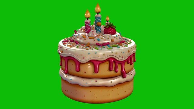 3D cartoon-style birthday cake 6 with colorful frosting and candles, spinning, scaling up and rotating slowly on green screen. Perfect for celebration videos, party intros, and festive animations.