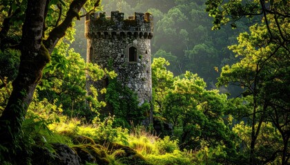 Fototapeta premium Ancient Stone Tower Partially Covered in Moss Amidst Lush Green Forest Foliage Bathed in Golden Sunlight and Lens Flare