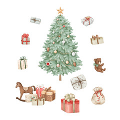Watercolor set with Christmas tree, presents, gifts, rocking horse and bear toy, isolated illustration for your Christmas design greeting cards, posters or banners. Hand drawn holiday symbols.