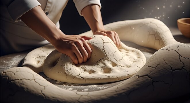 Dough kneading baker hands food preparation