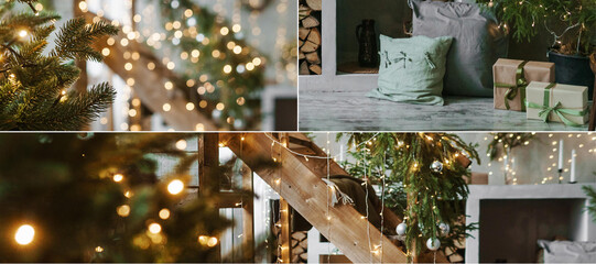 Christmas interior collage with fir tree branch and bokeh lights. Cozy festive home decor display....