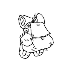 Backpack with bedroll for outdoor. Hand drawn icon sketch vector illustration