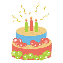 Cake vector illustration. Colorful cake in flat style. Candles and berries
