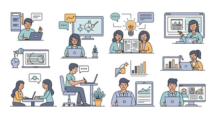 Illustrated depictions of professionals engaged in various business activities and collaboration