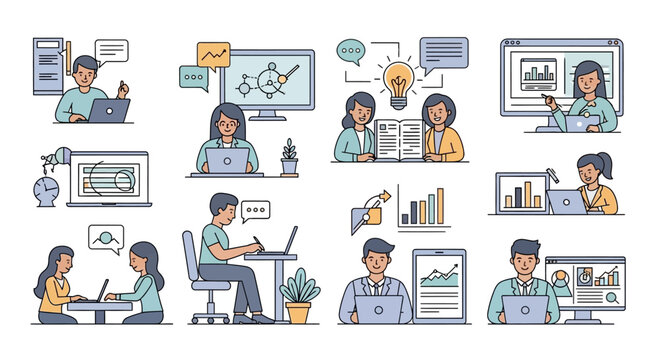 Illustrated depictions of professionals engaged in various business activities and collaboration