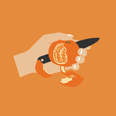 An illustration depicting a hand peeling an orange with a knife, revealing the segmented fruit inside