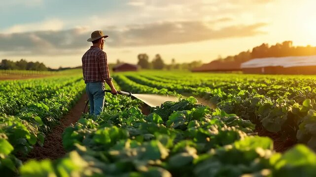 Dedicated farmer meticulously nurtures rows of vibrant green crops under the serene golden light of a sunset, symbolizing sustainable agricultural growth and bountiful prosperity