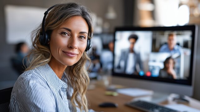 Professional Woman Engaging in Video Conference with Colleagues in a Modern Office Setting, Showcasing Remote Work and Communication Skills
