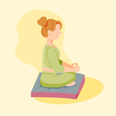 Calm woman meditating on soft mat in minimalist flat art. Soft pastel colors with smooth shading create peaceful atmosphere. Perfect for yoga, mindfulness, or wellness illustration projects.
