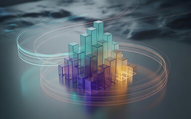 Abstract 3d bar graph with glowing circles, modern data visualization